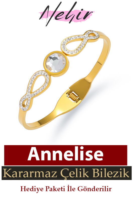 Fransız Serisi Altın Kaplama Lüks Yeni Trend Annelise 6Cm Paslanmaz Çelik Taşlı Ayarlı Bileklik